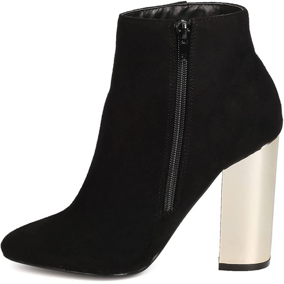 Suede - Faux Women Metallic Gold Block Heel Ankle Bootie - Picture 3 of 9